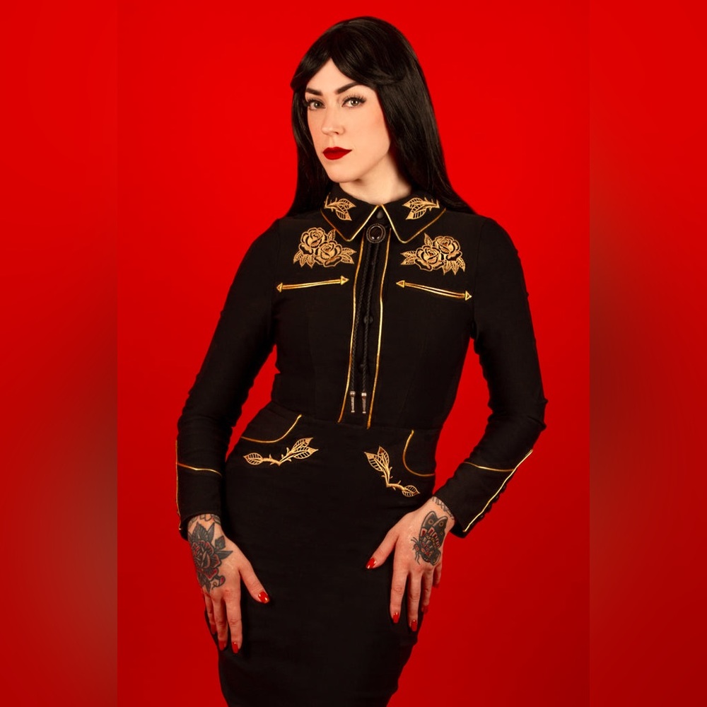 Katacomb June Pencil Dress in Black & Gold - NWT, western pinup - Size 16